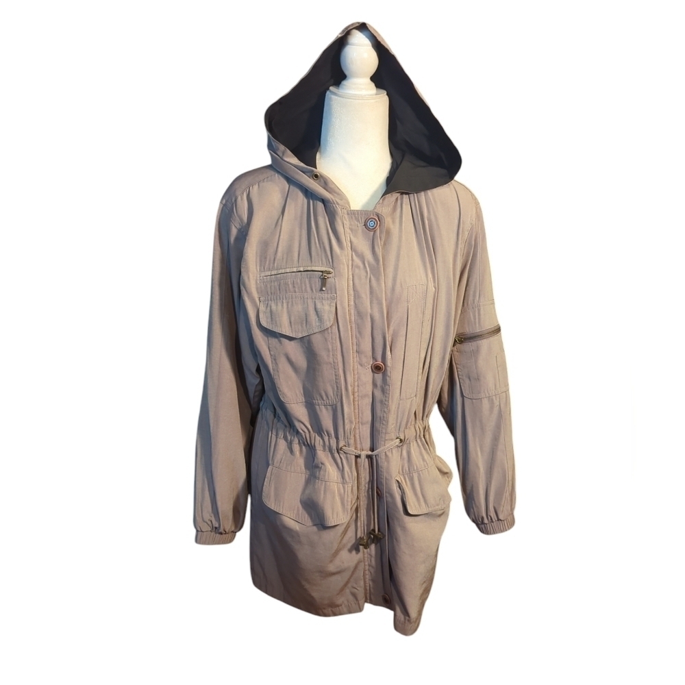 Vtg Gallery tan hooded zip front anorak utility Chore Coat long jacket sz XS - Picture 10 of 13